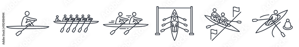 Obraz premium Various black line art rowing and kayaking icons depicting different water sports activities, including single paddlers, crew boats, and racing scenes, rendered with a clean, minimalist aesthetic