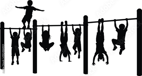 Children playground silhouette icons, kids hanging bars playing upside down standing balance, outdoor activity graphics, childhood fun illustration collection