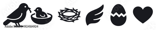 Six black silhouette bird and nature icons, including a standing bird, a chick in a nest, an empty nest, a wing, a cracked egg, and a heart, presented in a simple, graphic style