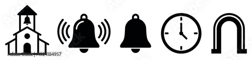 Collection of black silhouette icons including church, ringing bell, silent bell, clock, and horseshoe magnet, presented in a clean, minimalist vector style