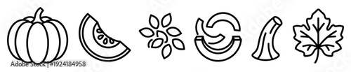 Stylized black outline pumpkin and squash elements are presented in a clean, minimalist icon set, showcasing a whole pumpkin, slice, seeds, rind, stem, and leaf with bold lines