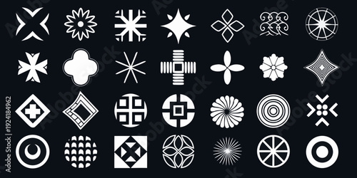 Collection of diverse geometric symbols and ornamental designs in white