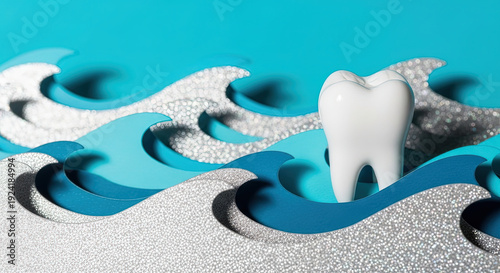 Creative tooth illustration amidst vibrant waves represents oral health awareness against a striking blue background, perfect for Dental Day poster with copy space.