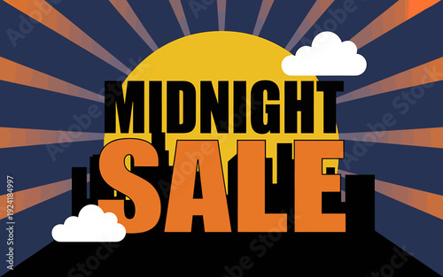 Midnight sale advertisement with sun and clouds at night cityscape
