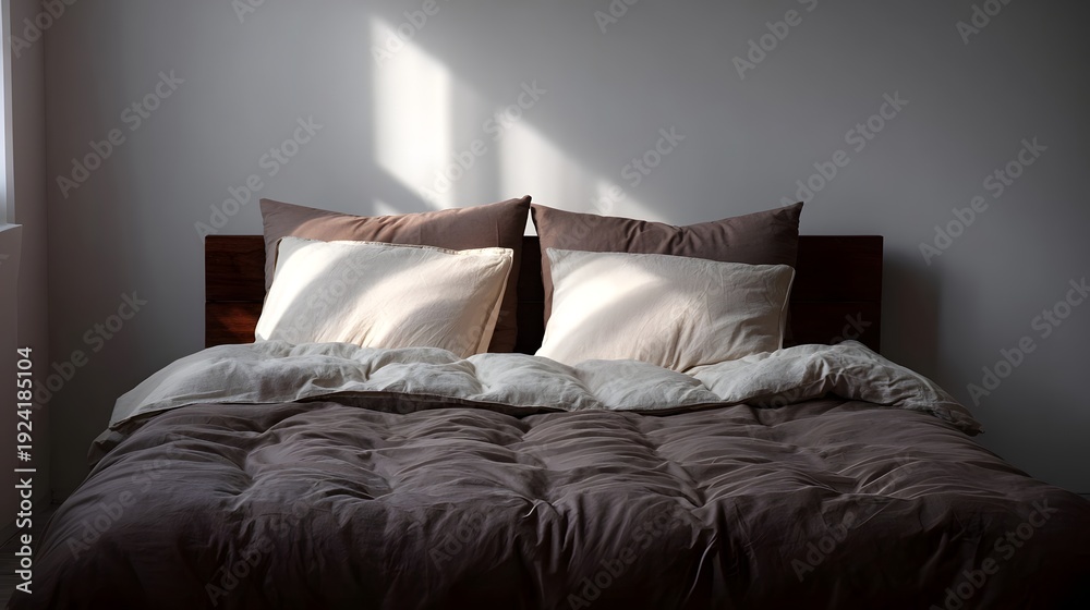 Obraz premium A modern bedroom bed with soft linens and pillows illuminated by gentle sunlight casting shadows