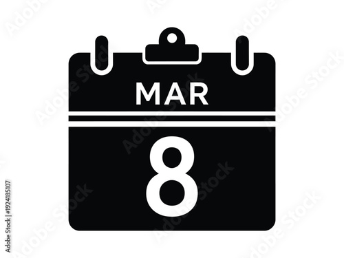 Black and white vector icon of a calendar page showing March 8th, symbolizing International Women's Day or a specific date.