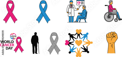 Cancer awareness ribbon icons set with oncology symbols including pink and blue ribbons and doctor patient interaction and wheelchair user for world health campaign on transparent background