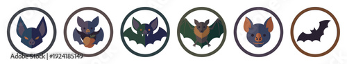 Six stylized bat icons in various poses are depicted within distinct circular frames, showcasing different species and a flat graphic illustration style