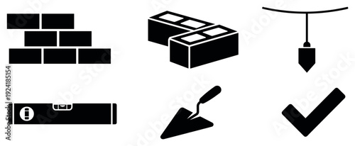 Six black silhouette construction icons depict building elements and tools like bricks, blocks, a plumb bob, spirit level, trowel, and a checkmark, symbolizing quality work