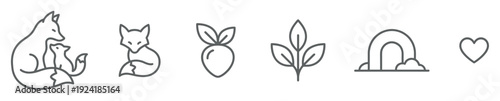 Beautiful collection of minimalist outline icons depicting foxes, a strawberry, a plant, a rainbow, and a heart, presented in a clean, modern style