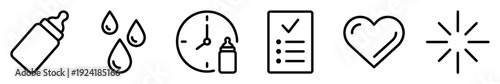 Six black outline baby care icons are neatly arranged, depicting feeding, scheduling, and well-being concepts in a clean, modern, and illustrative style