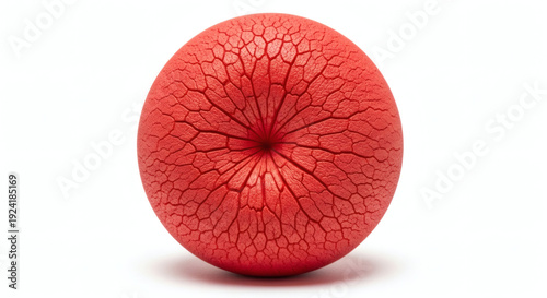 A textured red sphere with intricate cracked patterns radiating from the center isolated on a white background representing organic abstract art
