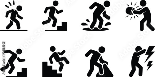 A series of stick figures illustrating various accident scenarios and safety precautions to be taken.