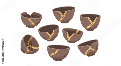 Eight dark brown ceramic bowls featuring gold kintsugi repair patterns are scattered across a plain white background at various angles and positions.