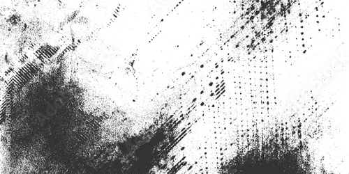 Black ink splatter and grunge texture on white background with diagonal streaks and scattered dots
