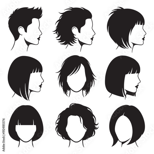 Diverse Women Hairstyle Silhouettes Collection for Hair Salon and Fashion Branding
