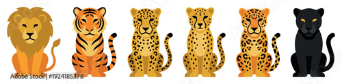 Six cartoon sitting various wild big cats are depicted in a vibrant flat vector illustration, showcasing their distinctive patterns and characteristics with a friendly graphic style