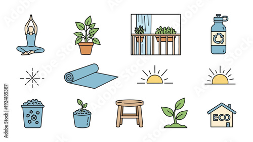 Eco-Friendly Lifestyle Elements: A collection of line art icons embodies a conscious, sustainable lifestyle. Each symbol, from yoga poses to reusable bottles.