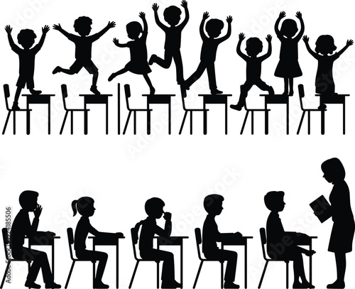 Classroom behavior contrast silhouette showing noisy children standing on desks versus disciplined students seated with teacher, education discipline and learning environment concept illustration 