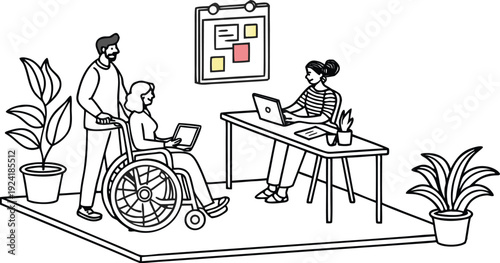 Inclusive business meeting with woman in wheelchair and diverse team in black and white line art style.