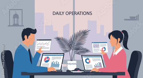 Business professionals analyzing daily operations data.