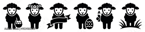 Six black silhouette lamb icons depict various Easter and spring themes, including eggs, flowers, a banner, a candle, and grass, presented in a simple graphic style