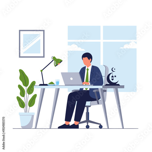 Businessman working on laptop at office desk.