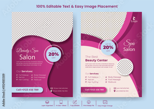 beauty salon spa A4 flyer poster template for skin care nail salon promotion, wellness yoga meditation leaflet brochure cover advertising print ready design