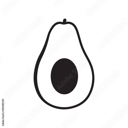 Avocado half with pit illustration  simple black and white line drawing of a cut avocado  fruit icon  healthy food symbol