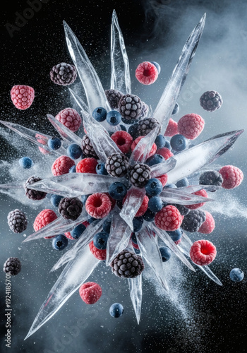 Explosion of frozen berries with ice shards and frost smoke
