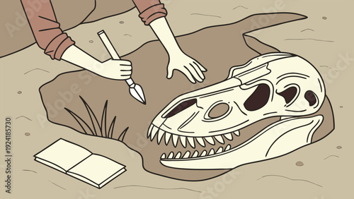 Paleontologist excavating a dinosaur skull fossil from the ground with a brush and pick, next to an open notebook, in a flat vector illustration.