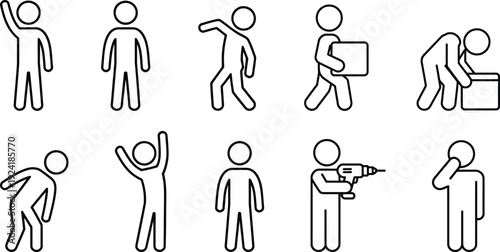 Simple stick figures engaging in various everyday activities and tasks.