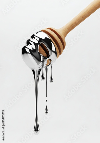 Wooden honey dipper with dripping liquid chrome metal