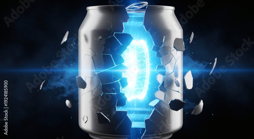 Aluminum soda can cracking open revealing glowing blue energy