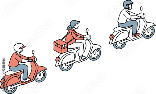 Three people riding classic scooters in a diagonal line, featuring a delivery person with a box, in a minimalist line art style with muted colors.