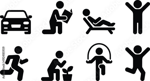 A series of stick figures engaging in various activities like driving and exercising.