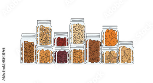 Twelve glass jars of various sizes filled with snacks like pretzels cookies and dried fruit are arranged in two rows on a white background.