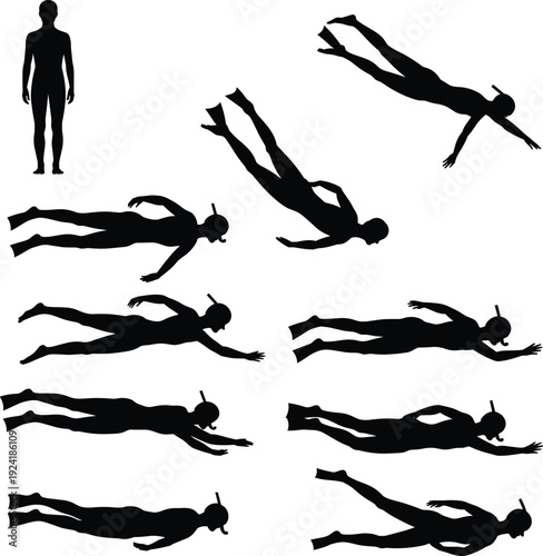 Free diving and underwater swimming silhouette set showing human body positions and motion sequence, scuba and apnea training poses, black vector illustration isolated on white