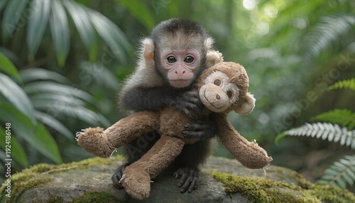 Tiny Baby Capuchin Monkey With Wide Curious Eyes Holds Toy