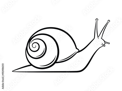 Detailed black and white illustration of a snail in profile, emphasizing its spiral shell and long antennae, conveying nature and patience.