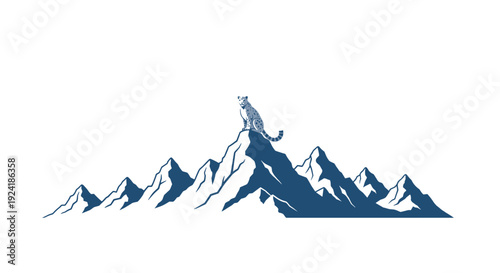 A blue-toned snow leopard sits on the highest peak of a jagged mountain range silhouette against a plain white background in a graphic style.