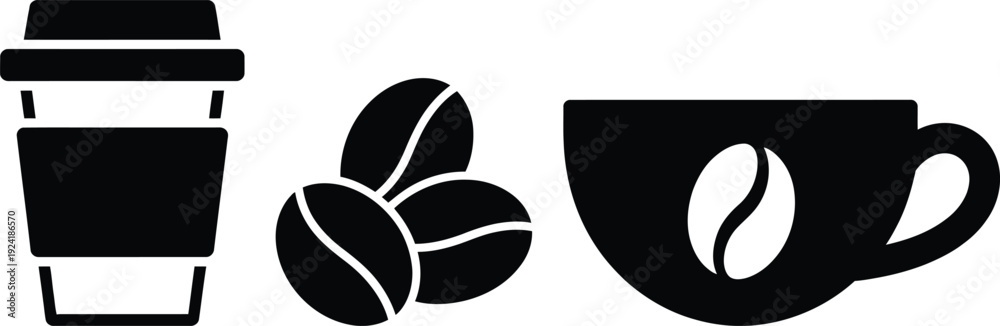 Obraz premium A simple graphic of a coffee cup, coffee beans, and a takeaway cup.