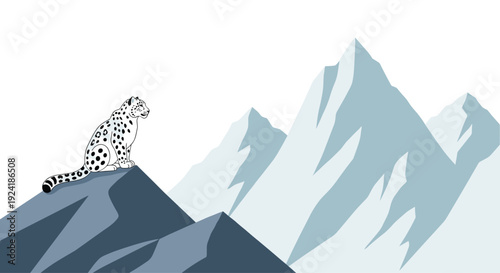 A white snow leopard with black spots sits on a dark blue mountain peak overlooking larger light blue mountains against a white background.