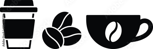 A simple graphic of a coffee cup, coffee beans, and a takeaway cup.