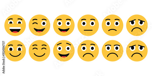Emoticons icons set, vector emoji faces collection in flat style, depicting happy, smile, neutral, sad, and angry expressions, line smiley faces for messaging apps, social interaction, professional