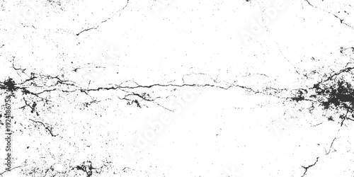 Black cracks and speckles on a stark white background creating a distressed texture abstract