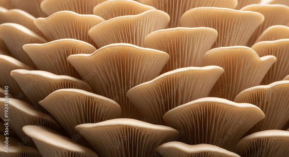 Obraz premium Close-up texture of oyster mushroom gills | Natural pattern of edible fungi caps | Organic food ingredient macro details | Delicate pleurotus ostreatus structure