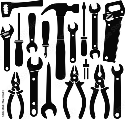 Hand tool silhouette set featuring hammer, saw, wrench, screwdriver, and pliers, mechanical repair and workshop equipment icons, black vector illustration isolated on white