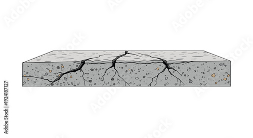 A rectangular gray concrete slab section displays deep black cracks and internal aggregate textures against a solid white background in a flat illustration.