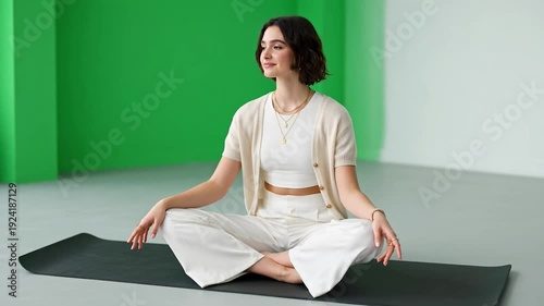 Woman sitting in lotus position on yoga mat in studio with green wall